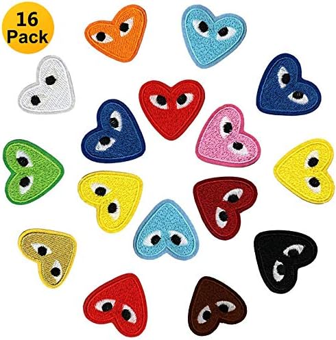 Iron On Patches - 16 Pcs Cartoon Love Heart Patches Eyes Cute Embroidered Appliques for Backpacks Jackets Jeans Clothes DIY Crafts (2 Style 12 Colors)