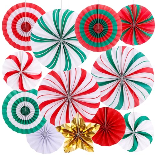 FOIMAS Christmas Hanging Paper Fan Decoration, 12pcs Peppermint Candy Hanging Fans for Ceiling Wall Classroom Mantle Xmas Candyland Holiday Party Supplies, Red and Green