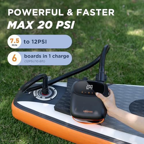 AIRBANK Electric Air Pump SUP Pump with Battery The Puffer Pro, Rechargeable Dual Stage Air Pump with Automatic Shut-off for Paddleboard, Wing Foil and Kite, Tent, Mattress