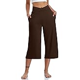 TARSE Womens Casual Wide Leg Yoga Capris Crossover High Waist Capri Pants Loose Soft Pajama Pockets Sweatpants