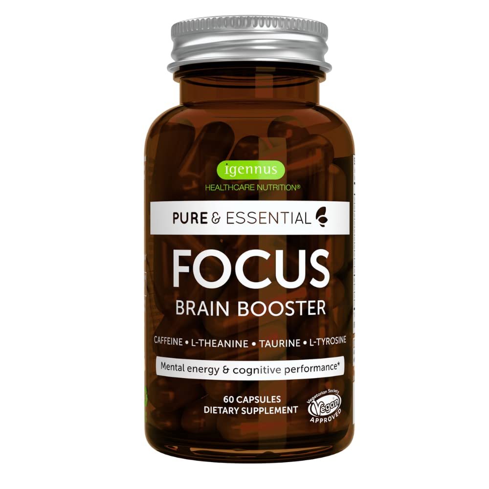 Igennus Focus - Nootropic with 200mg Natural Caffeine, Methylated B Vitamins, L-Theanine, Taurine, L-Tyrosine, Clean Energy, Brain Booster & Cognitive Performance, Non Jittery, 60 Capsules