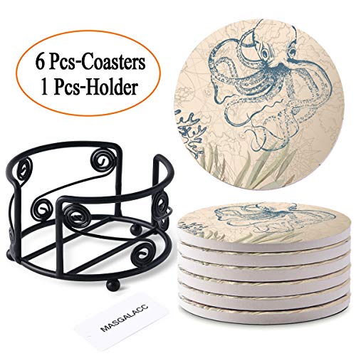 Absorbent Stone Coasters with Metal Holder-set of 6-4" x 4" -1/4" Thick,Absorbent,Heat-Resistant - Round Edges Best for Drinks in Office Home or Cottage