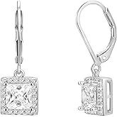 Dangle Earrings 18K White Gold Plated Princess Halo Square Cut Clear Cubic Zirconia Drop Earrings for Women Hypoallergenic
