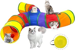 Forbena Pet Cat Play Tunnel Tube Collapsible, 3 Way S-Shape Excerise Pet Tunnel with Interactive Ball Indoor Outdoor, Pet Dog Toys for Small Animals, Puppy, Kitty, Kitten, Rabbit (Colorful)
