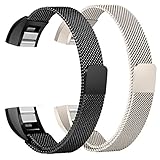 bayite Stainless Steel Bands Compatible Fitbit Alta and Alta HR, Milanese Loop Women Men Pack of 2, Champagne Gold and Black 5.5