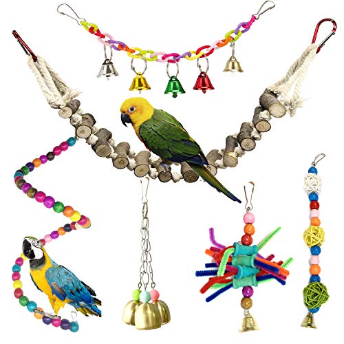 PietyPet Bird Parrot Toys for Cages, Naturals Wooden Birdcage Ladders, Colorful Chewing Hanging Swing Pet Bird Toy with Bells, Rope Perch for Small Birds, 6pcs