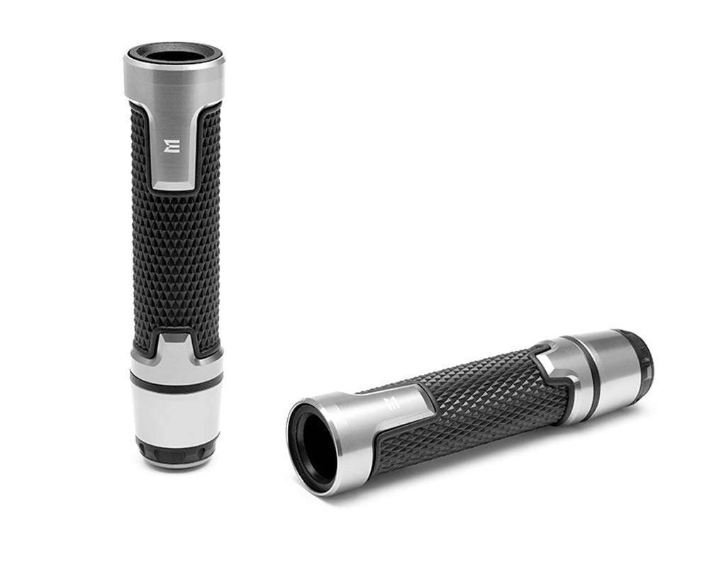 Motorbike Hand Grips & Bar Ends for 22mm 7/8-inch Handlebars with Enhanced Comfort and Style - Silver Anodised Aluminium and Rubber | Suitable for all Street Motorcycles and Road Bikes | 2 PCS