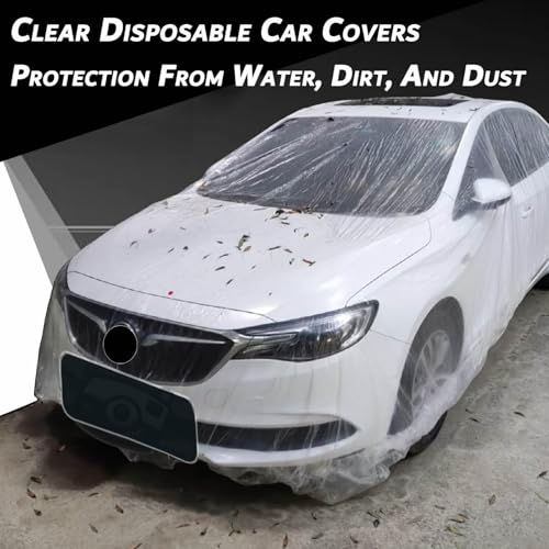 4Pack- Universal Disposable Car Cover Waterproof All Weather, Clear Plastic Car Cover, Car Covers for Automobiles Light Weigh, Rain Dust Garage Cover with Elastic Band (LL 15.7 Ft * 24.6 Ft)