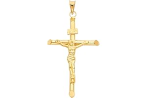 TOP GOLD & DIAMOND JEWELRY 14K Yellow Gold Jesus Engraved Cross Pendant - Crucifix Charm Polish Finish - Handmade Spiritual Symbol - Gold Stamped Fine Jewelry - Great Gift for Men & Women