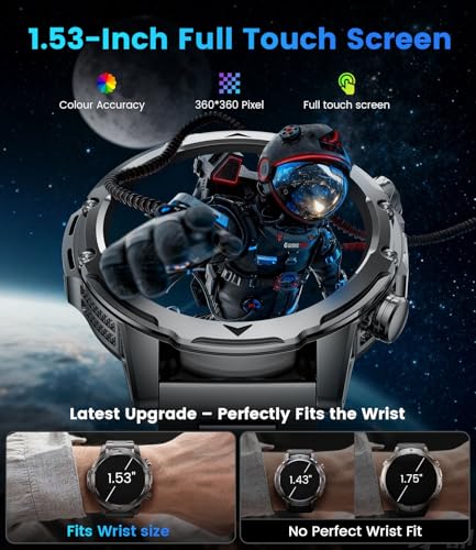 FitVigor Military Smart Watch for Men, 1.53" Fitness Tracker with 1000 mAh Ultra-Long Battery/Flashlight/Bluetooth Calling/Health Monitor / 120+ Sports Modes / IP68 Waterproof for iOS Android, Black