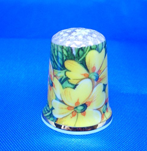 Porcelain China Collectable Thimble - Primroses Gold Top with Free Gift Box