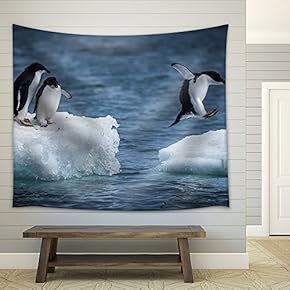 Adelie Penguin Jumping Between Two ice floes - Fabric Wall Tapestry Home Decor - 51x60 inches