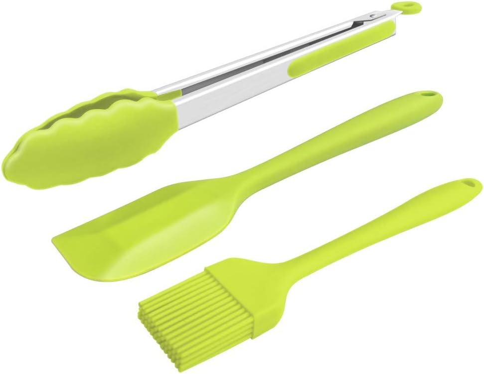 MarMmy Food Tongs Stainless Steel Silicone Spatula Brush BBQ Grill Baking Cooking Turners Heavy Duty Non Stick Heat Resistant (Up to 600°F) & BPA Free Green, 3 Pack