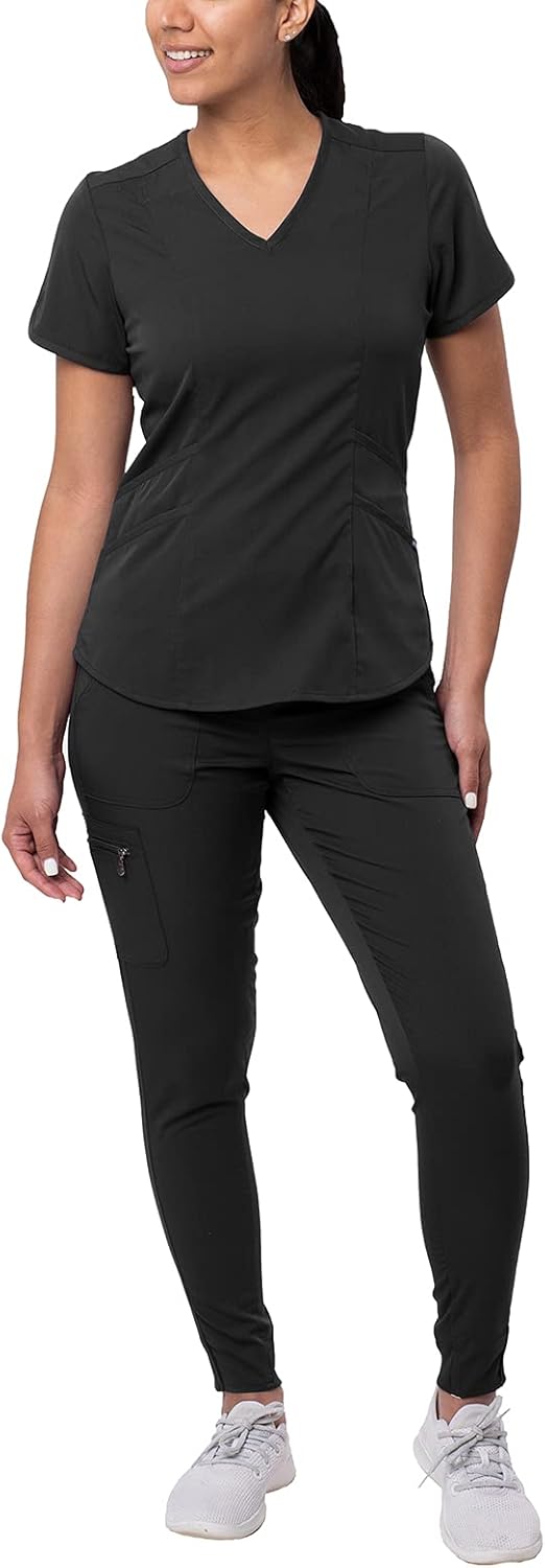 Adar Pro Modern Athletic Scrub Set for Women - Modern V-Neck Scrub Top & Yoga Jogger Scrub Pants: Clothing