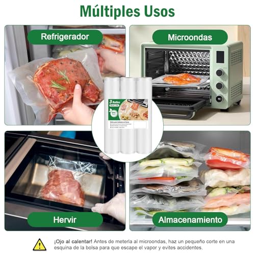 WONDOCK Bolsas para Sellado al Vacío Alimentos 28cm x 5m Corte Libre 3 Rollos Heavy Duty Bolsas Envasar al Vacio Compatible con Todas las Selladoras Sin BPA para Congelar y Cocinar Sous Vide