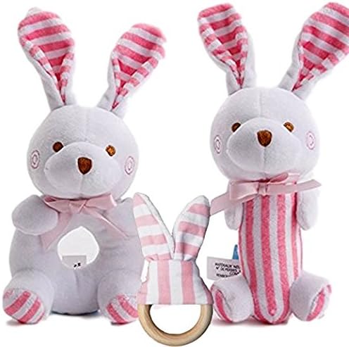 Fabunny Wooden Plush Teether and Stuffed Rattles 3 Piece Toy Gift Set (Pink)