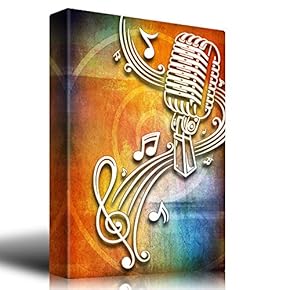 Microphone Surrounded by Music Notes on a Colorful Background - Canvas Art Home Art - 12x18 inches