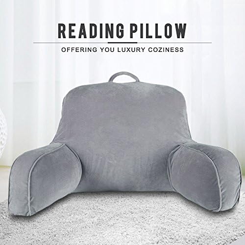 Razzen Reading Pillow With Arm Rests (Perfect for Children &amp; Adults) &amp; A Side Pocket (A good helper for Storage) – Made of Luxury Velour &amp; Cotton Fabric (Grey Velour)