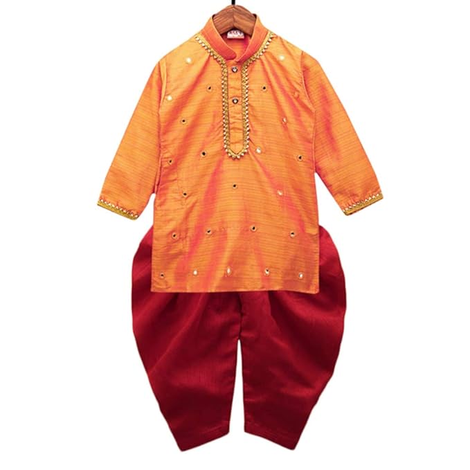 Kid1 By Hopscotch Boys Benarasi Silk Mirror Work Kurta Dhoti In Orange Color