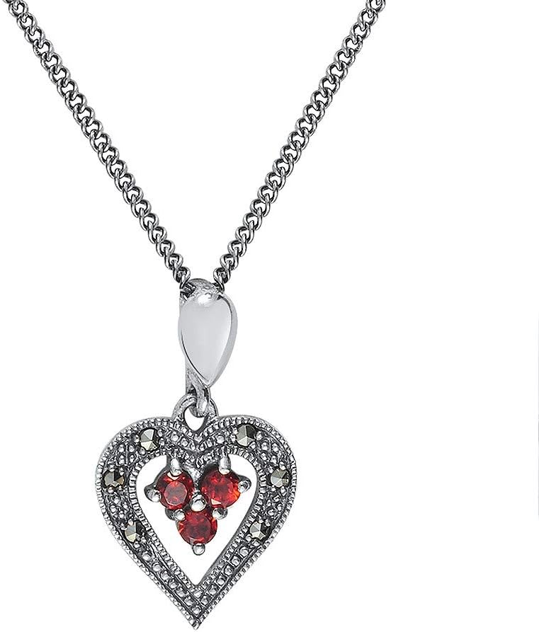 Sterling Silver Petite Open Heart Garnet and Marcasite Necklace on 42cm / 18'' Curb Chain