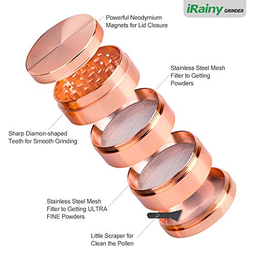 iRainy [5 Piece] Spice Herb Grinder with Pollen Catcher, 2.1 Inch, Metal Rose Gold - Thumbnail 2