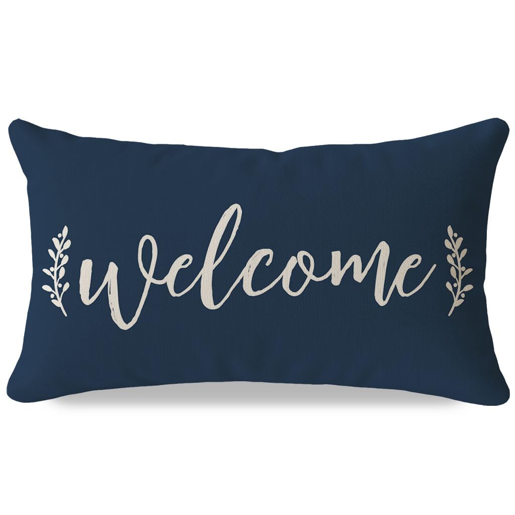 Photo 1 of PANDICORN Farmhouse Welcome Throw Pillow Cover 12x20 Inch Blue Outdoor Front Porch Patio Decorations Rustic Lumbar Decorative Cushion Case for Home Living Room Bedroom Couch Bench Decor