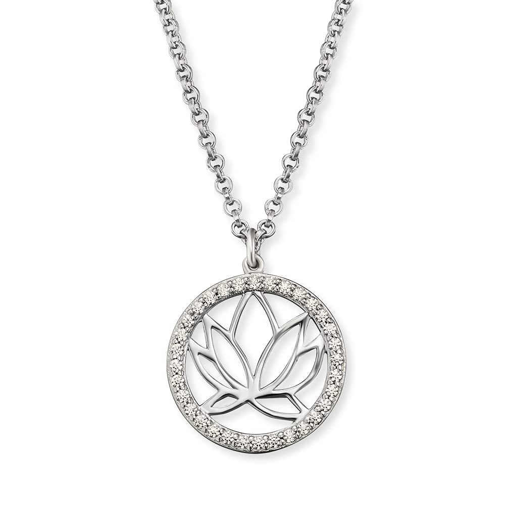 Engelsrufer Lotus Necklace with Pendant ERN-Lotus-ZI, Lotus Flower, Rhodium-Plated 925 Sterling Silver, Cubic Zirconia, Lobster Clasp, Length 44 cm, 1,35cm, Sterling Silver, Cubic Zirconia