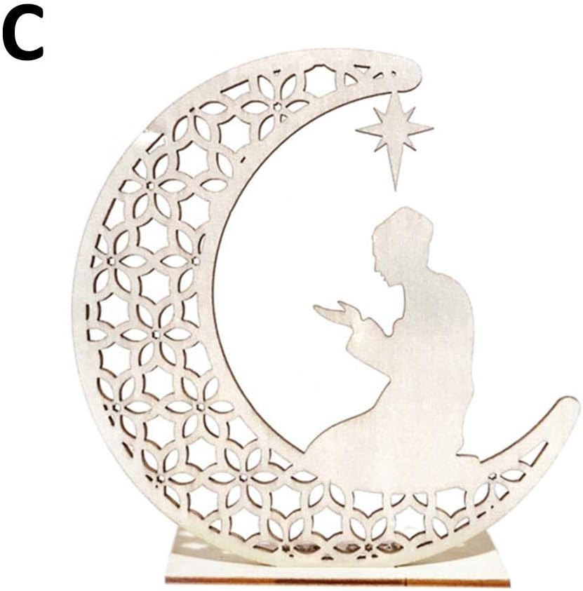 Ramadan Eid Mubarak Decorations, Wooden LED Crescent Moon LED Candles Light Wooden Plaque Hanging Pendant Perfect for Islam Muslim Event Party Supplies