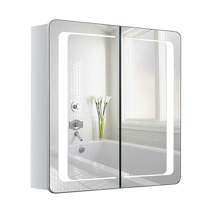 Warmiehomy LED beleuchteter Badezimmer Spiegelschrank mit Beleuchtung, Antibeschlag-Pad, Steckdose, Bluetooth Lautsprecher 60