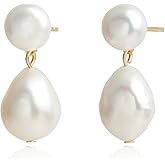 Handmade Freshwater Cultured Baroque Pearl Dangling Drop Earrings for Women, 14K Gold Plated