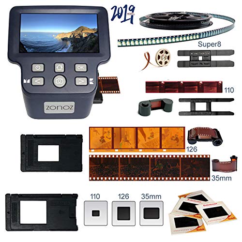 zonoz FS-Four Digital Film & Slide Scanner w/HDMI Output - Converts 35mm, 126, 110, Super 8 & 8mm Film Negatives & Slides to JPEG - Includes Large Bright 5-Inch LCD, Easy-Load Film Inserts Adapters