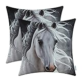 Pack of 2 CaliTime Soft Canvas Throw Pillow Covers Cases for Couch Sofa Home Decor, Vivid Wild Horses Print, 18 X 18 Inches, White Horse
