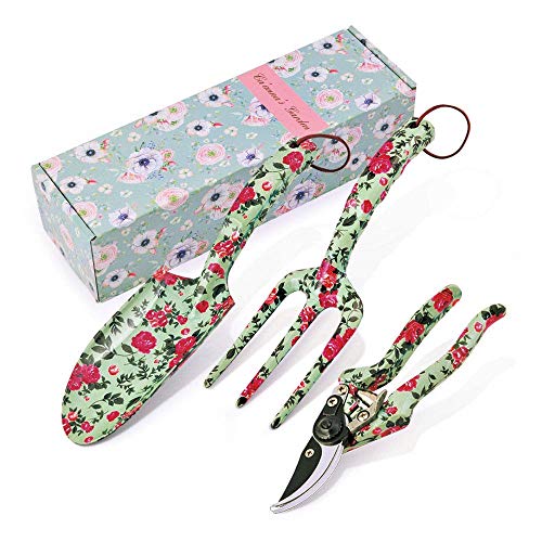 3 Piece Garden Hand Tool set, Gardening Kit Includes Trowel, Pruning Shear, Hand Fork for Garden Gifts (Garden Tool Set - Light Green)
