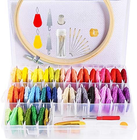 Pllieay 90 Pieces Embroidery Set with 50 Colors Threads Friendship Bracelets Floss, 1 Piece Embroidery Hoop, 1 Piece Aida Cloth and 38 Pieces Cross Stitch Tools for Sewing, Knitting Embroidery Craft