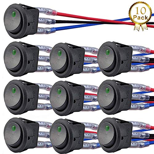 QOFOWIN Rocker Toggle Switch,12V 20A/24V 10A 3Pin Dot Green Light ON/Off LED Toggle Switch for Car,Light Truck,Race Cars, RV's, Marine(10Pcs+Wire)) (Green)