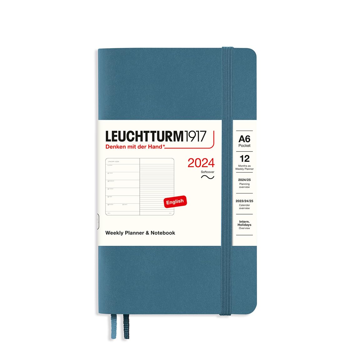 LEUCHTTURM1917 367802 Weekly Calendar & Notebook Softcover Pocket (A6) 2024, 12 Months, Stone Blue, English