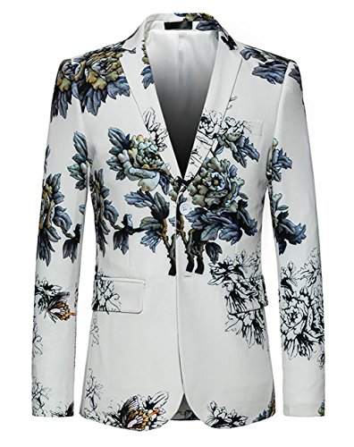 Vchomi Men's Floral Single Breasted Casual White Sport Coat Medium