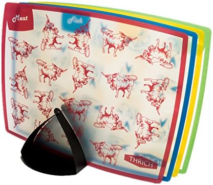 Thrich Index Plastic Cutting Boards with holder stand, Fully Silicone Finished Non-Slip Backside, Non-Stain, Non-Porous, BPA Free, Multicolor, Set of 4 (Multi Graphic Patterned)