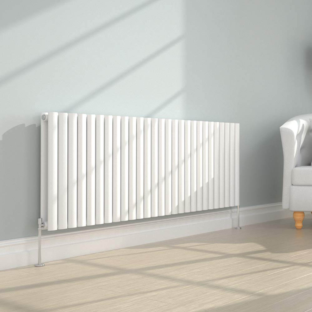 NRG 600x1593mm Gloss White Radiator Horizontal Oval Panel Bathroom Designer Double Rad Central Heating