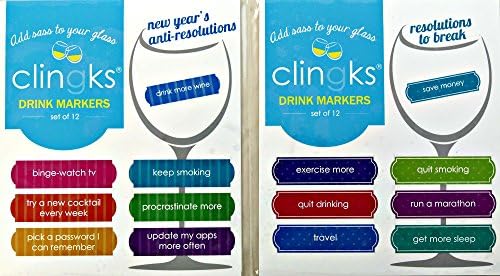Clingks 24 Drink Markers - NEW YEAR'S ANTI-RESOLUTIONS and RESOLUTIONS TO BREAK - Fun Alternative to Wine Charms
