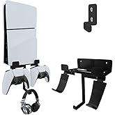 Chanvoo Wall Mount for PS5 Slim Console, Aluminum PS5 Slim Disc/Digital Console Wall Shelf Mount with Controller & Headphone Holder - Black