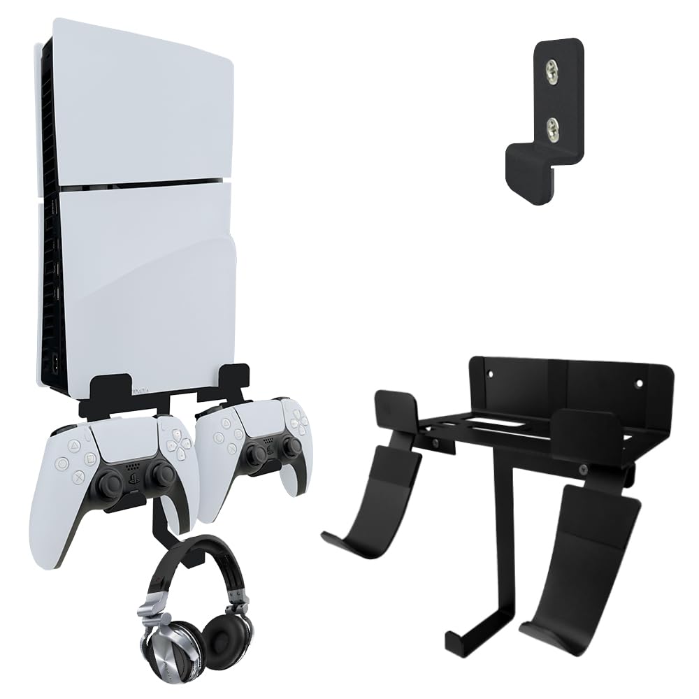Chanvoo Wall Mount for PS5 Slim Console, Aluminum PS5 Slim Disc/Digital Console Wall Shelf Mount with Controller & Headphone Holder - Black