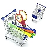 Mini Novelty Blue Shopping Cart Carriage Pen Pencil Supplies Holder With Wheels, Desk Accesory