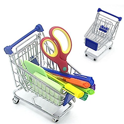 Mini Novelty Blue Shopping Cart Carriage Pen Pencil Supplies Holder With Wheels, Desk Accesory