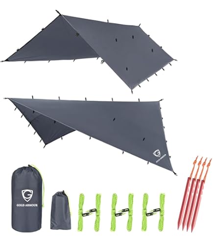 Gold Armour Rainfly Tarp Hammock, Premium 14.7ft/12ft/10ft/8ft Rain Fly Cover, Waterproof Ultralight Camping Shelter Canopy, Survival Equipment Gear Camping Tent Accessories (Gray 12ft x 10ft) : Sports & Outdoors