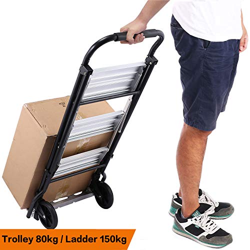 Anfan Folding 3-Step Stool Ladder and Hand Truck Portable Ladder with Hand Grip Aluminum Wide Pedal Sturdy Steel StepLadders 330lb Dolly 176lb