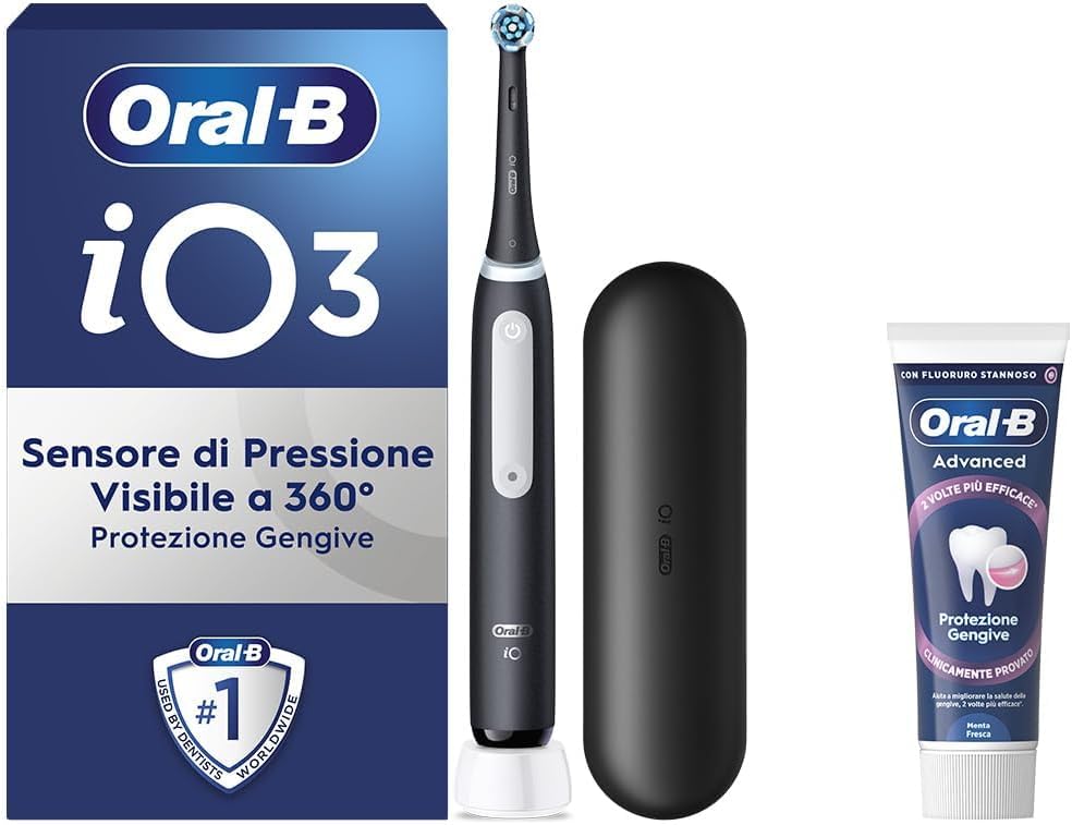 Oral-B Cepillo de dientes eléctrico recargable iO 3 negro, 1 cepillo de dientes eléctrico, 1 cabezal de repuesto, funda de viaje + pasta de dientes Oral-B Advanced protección encías, limpieza dental