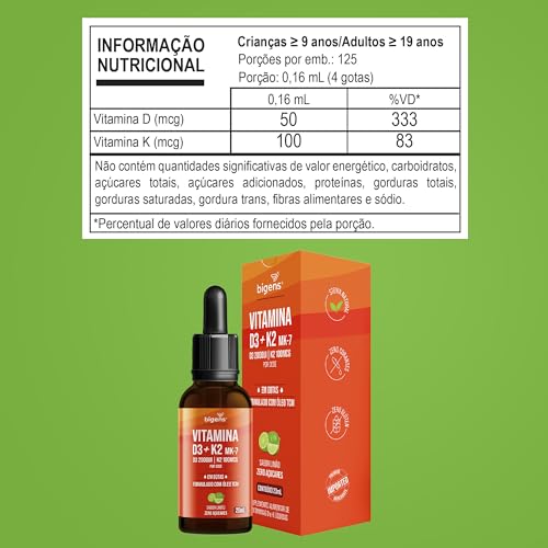 Biogens Vitamina D3 + K2 MK-7, em Gotas, D3 2000UI | K2 100mcg, Sabor Limão, Kit 2x 20ml