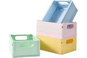 TRZZ 4-Pack Small Storage Crates, Collapsible Plastic Baskets, Stackable Space-Saving Bins for Office, Bedroom, Bathroom and Kitchen Decor (9.8" 6.5" 3.9")