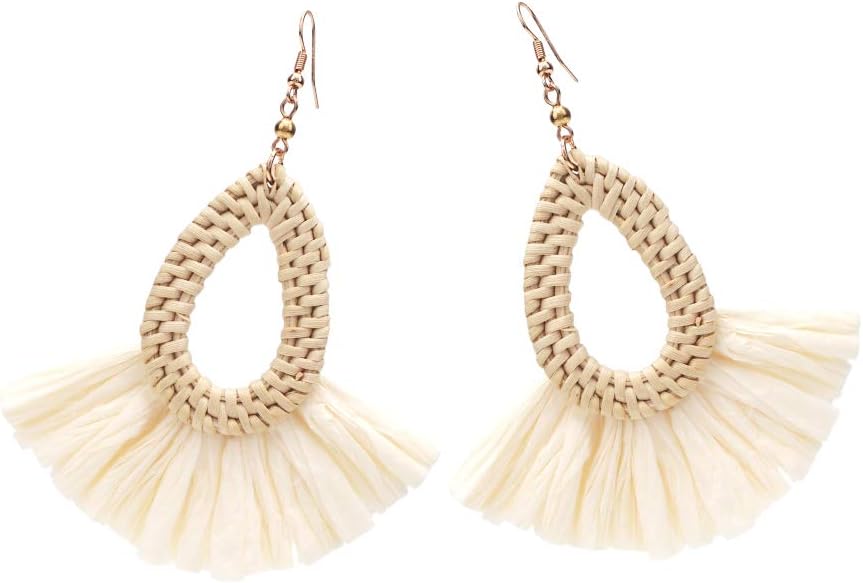 Fashion Straw Rattan Weave Raffia Grass Long Tassels Earrings for Women Bohemian Dangle Earrings